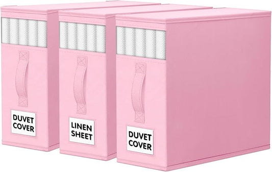 WOWBOX Sheet Organizers and Storage,Closet Bed Sheet Organizer Under Bed Storage and Organization with Label Cards & Clear Window for Bedding Sheets,Duvet Covers,Blankets (3 Pack，Pink)
