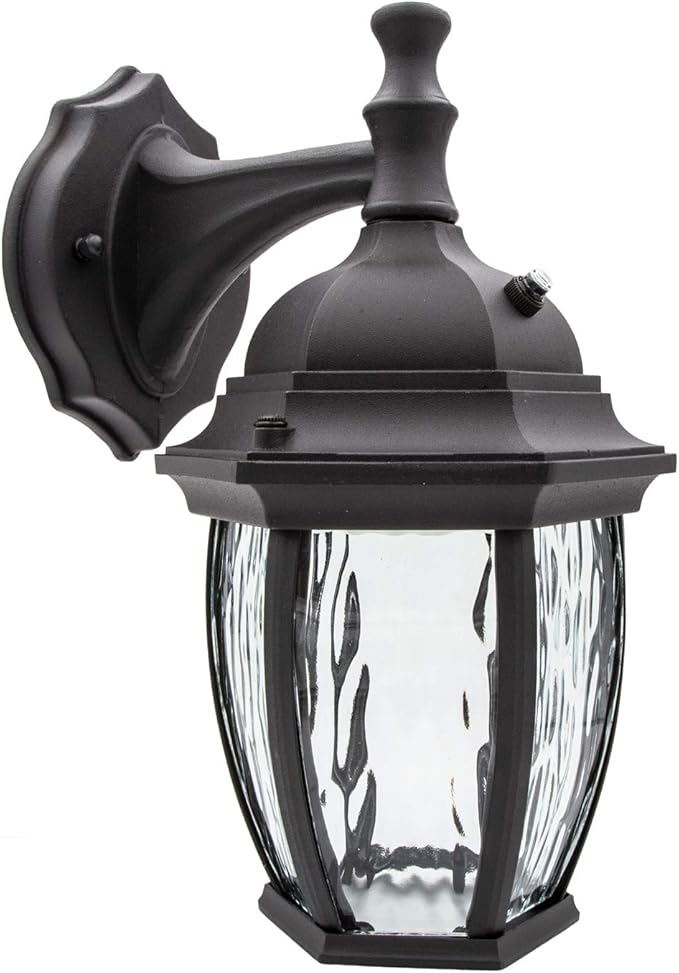 Maxxima LED Outdoor Wall Light - Features Clear Water Glass, 3000K Warm White, 580 Lumens, Dusk to Dawn Photocell Light Sensor, Patio or Porch Sconce Fixture, Ideal for Exterior Decor Lighting - Black