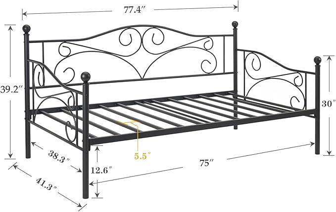 VECELO Daybed Frame, Twin Size Metal Platform Bed with Headboard,Heavy Duty Steel Slats Support for Living Room Bedroom Guest Room, Easy Assembly