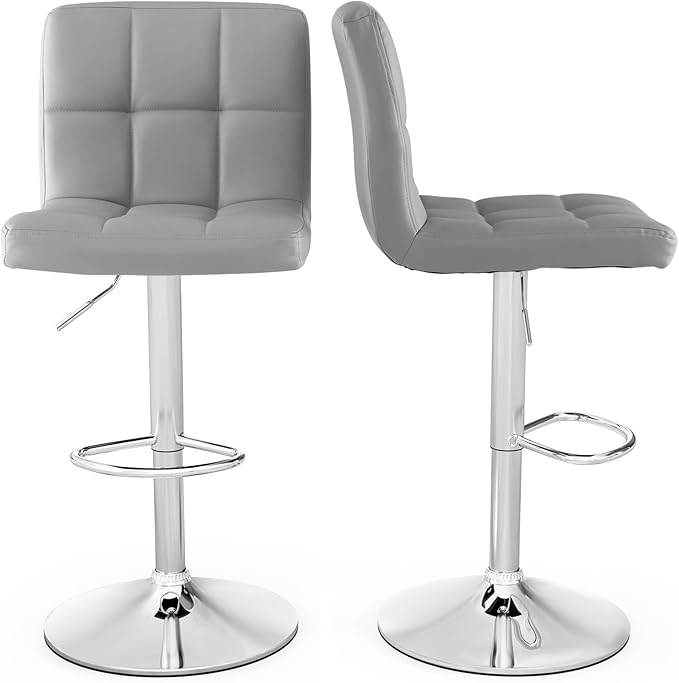 COSTWAY Adjustable Bar Stools Set of 2, Modern Swivel PU Leather Bar Chair with Backrest, Soft Cushioned Seat, Footrest, Sturdy Metal Frame, Comfortable Barstools for Kitchen Island, Pub, Grey
