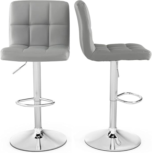 COSTWAY Adjustable Bar Stools Set of 2, Modern Swivel PU Leather Bar Chair with Backrest, Soft Cushioned Seat, Footrest, Sturdy Metal Frame, Comfortable Barstools for Kitchen Island, Pub, Grey