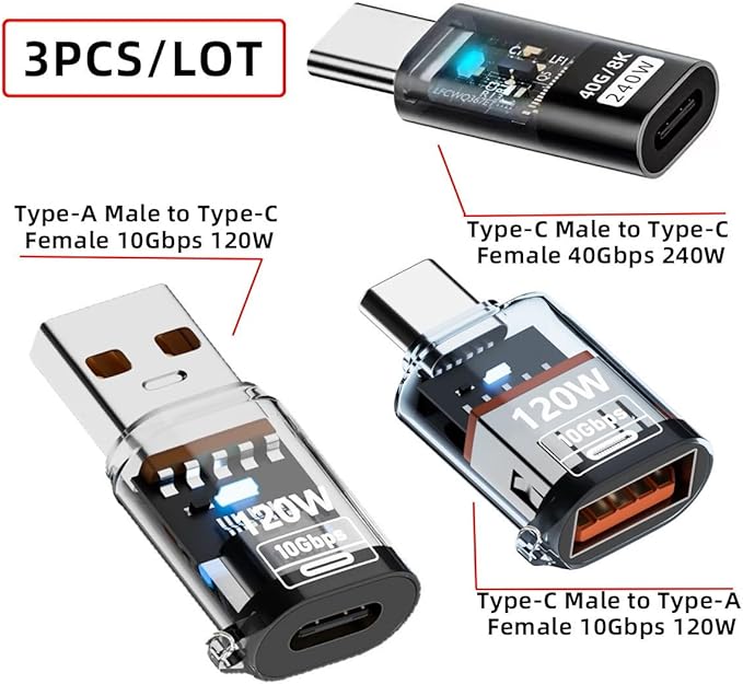 CY 3pcs/lot Type-C Smart LED USB-C to USB3.2 Type-A Adapter OTG 10Gbps 40Gbps 120W 240W Data Fast Charging Tester Detector