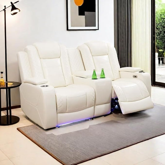 A Ainehome Power Leather Recliner Sofa Set with LED Lights, Recliner Sofa Sectional Couches for Living Room, Reclining Sofa and loveseat with USB Port/Storage Console(Creamy White,loveseat)