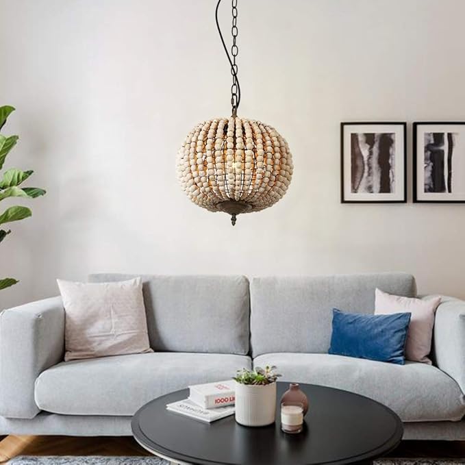 Newrays Wood Bead Chandelier Pendant Bohemian Boho Beachy Ceiling Lamp Light Fixtures (Gray White-Globe, 11.81 in*14.56 in)