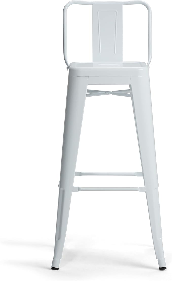SIMPLIHOME Rayne Bar Stools (Set of 2) - 30 inch Seat Height Industrial Metal Chairs in White, Contemporary Seating for Kitchen or Bar with Curved Back, Under-Seat Cross Brace, and Footrest