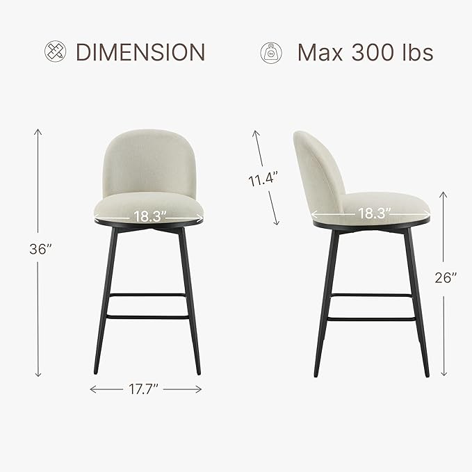 Swivel Bar Stools Set of 3, 26" H Upholstered Linen Fabric Barstools with Backs,Counter Height Stools with Metal Legs for Kitchen Island,Linen,1 Box