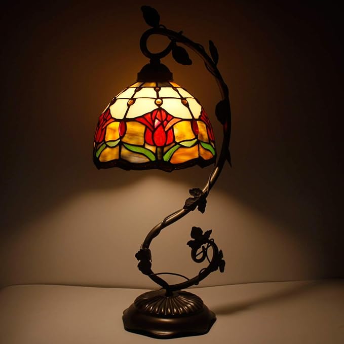 WERFACTORY Tiffany Lamp Red Stained Glass Tulip Table Lamp, Metal Leaf Base 8X10X21 Inches Reading Desk Light Decor Small Space Bedroom Home Office S030 Series