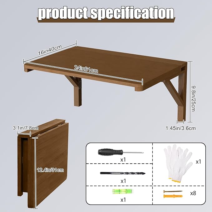 MM MELISEN Wall Desk - 24x16 Inch, Walnut Color Compact Desk for Laundry Room or Kitchen Area. Solid Wood fold-Down Surface for Daily tasks. Stores Flat When not in use