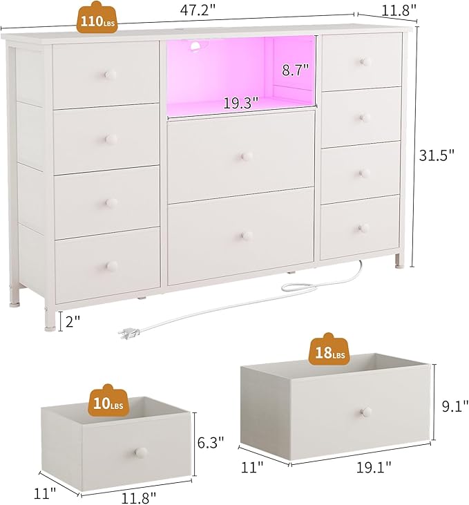 LDTTCUK Dresser with Charging Station and LED Lights, Long Dresser for Bedroom Dresser TV Stand with 10 Drawers, Fabric Chest of Drawers with PU Finish, Wide Dresser Storage Organizer, White