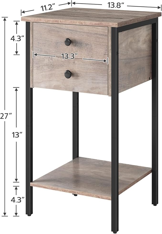 HOOBRO Tall Nightstand, End Table with 2 Drawers and Storage Shelf, Industrial Telephone Side Table for Study, Bedroom, Space Saving, Easy Assembly, Greige and Black BG72BZ01