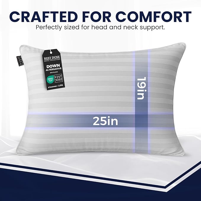 Bed Pillows for Sleeping, Set of 2 – Cooling, Hotel Quality with Soft Down Alternative Fill for Back, Stomach & Side Sleepers | White Striped Standard