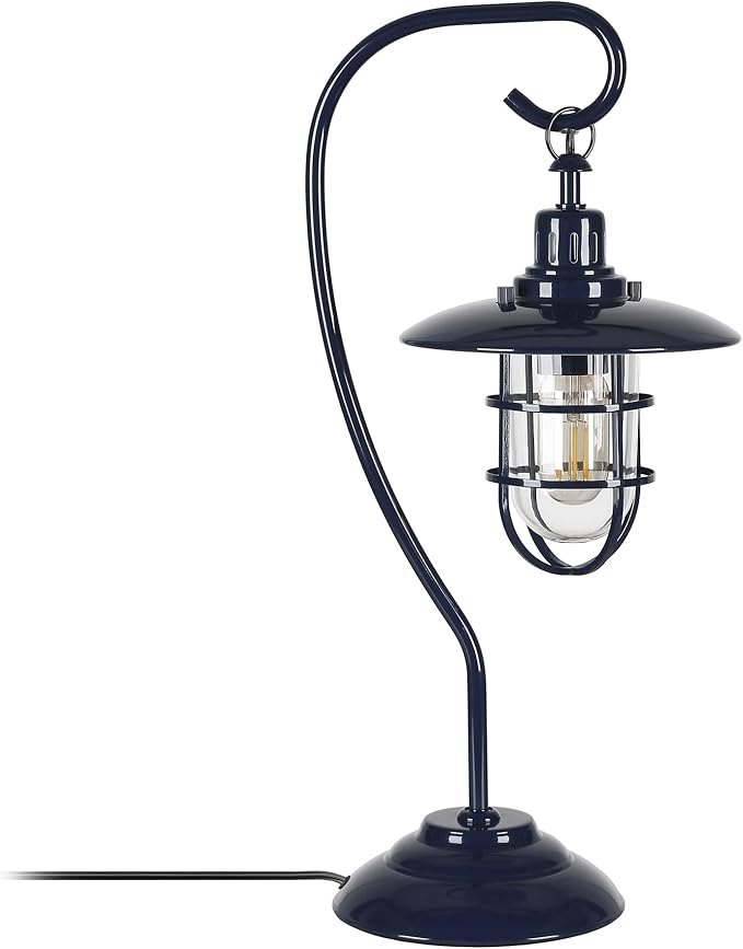 Henn&Hart 22" Nautical 1-Light Table Lamp with Clear Metal and Glass Globe Shade for Living Room, Bedroom, or Office, Dark Blue