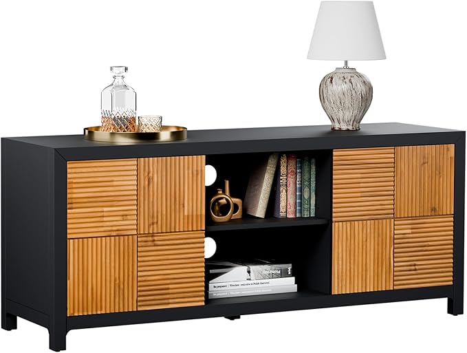 Bme Solid Wood Fluted TV Stand, Fully Assembled TV Media Console, Craft to Last Entertainment Center with Soft Close Door & Adjustable Storage Space, Spacious & Unique Entertainment Stand