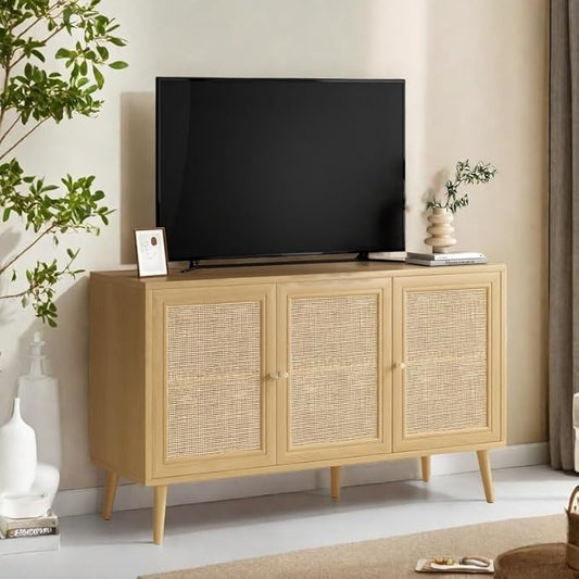 FONTOI Rattan Entryway Table, Entertainment Center with Adjustable Shelf, Sideboard Buffet Cabinet with 3 Rattan Doors, Modern Console Cabinet with Large Storage for Living Room, Kitchen, Brown
