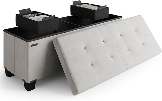 Storage Ottoman Bench with Bins, 43-in Storage Bench for Bedroom End of Bed, Folding Foot Rest Ottoman for Living Room Max 660lbs, Velvet Ottomans, Light Grey