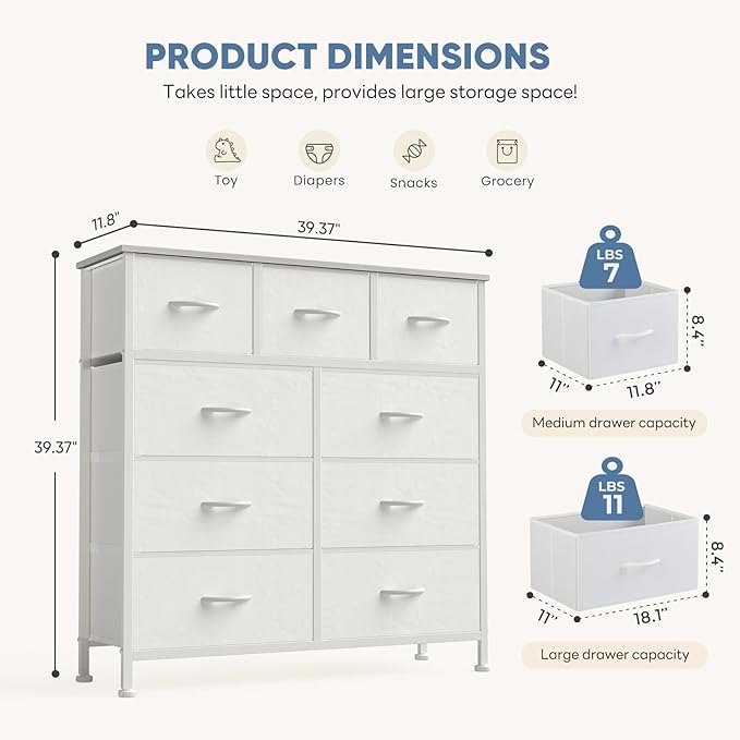 DUMOS 9 Drawer Dresser for Bedroom, Fabric Storage Organizer with Sturdy Metal Frame, Wooden Top Chest of Drawers for Closet Entryway Guest Room,White