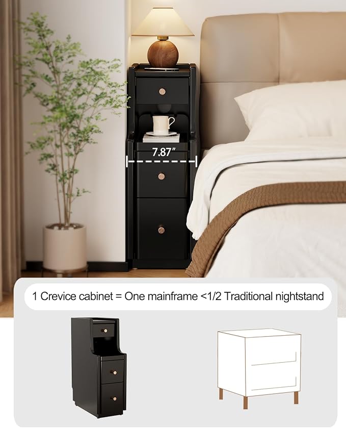Narrow Nightstand with 3 Drawers,Solid Wood Narrow Bedside Table Black, Modern Skinny Nightstand for Bedroom(Fully Assembly)