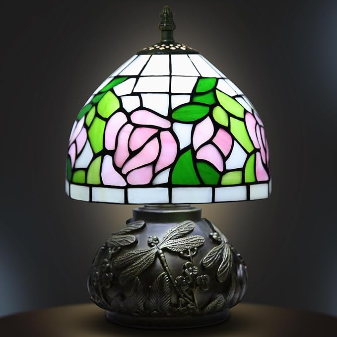 Small Tiffany Table Lamp,Stained Glass Lamp,8 Inch Mushroom Style Mini Vintage Desk Lights for Bedside, Bedroom,Nightstand,Living Room,3 Color Temperature (Pink Rose)