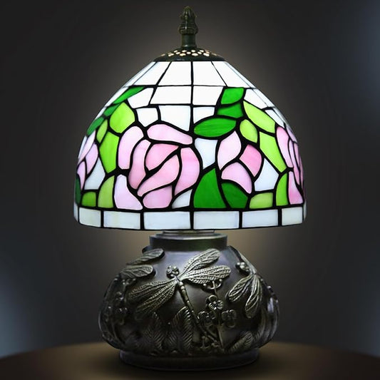 Small Tiffany Table Lamp,Stained Glass Lamp,8 Inch Mushroom Style Mini Vintage Desk Lights for Bedside, Bedroom,Nightstand,Living Room,3 Color Temperature (Pink Rose)