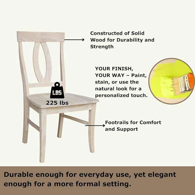 IC International Concepts, Set of Two Verona Dining Chairs, Unfinished, 225lbs wt capacity, Solid Real Wood, Sturdy Parawood, DIY, Paint/Stain Ready, Unfinished