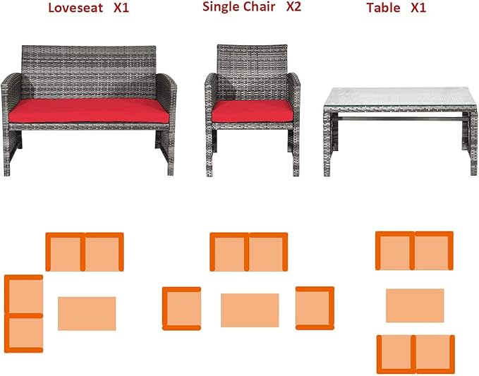 DORTALA 4 Piece Patio Furniture Set, Outdoor Wicker Conversation Set with Soft Cushions & Tempered Glass Coffee Table, Rattan Patio Sofa Bistro Sets for Courtyard Balcony, Red