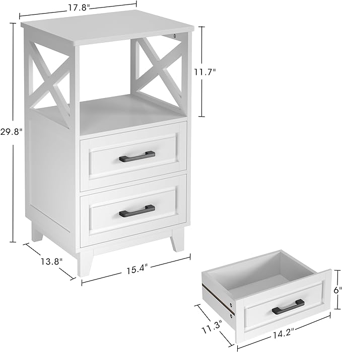White Nightstand Set of 2, Tall Side Table, Farmhouse End Table with 2 Large Storage Drawers Cabinet, Wooden Rustic Bedside End Table for Bedroom, Home Office, White