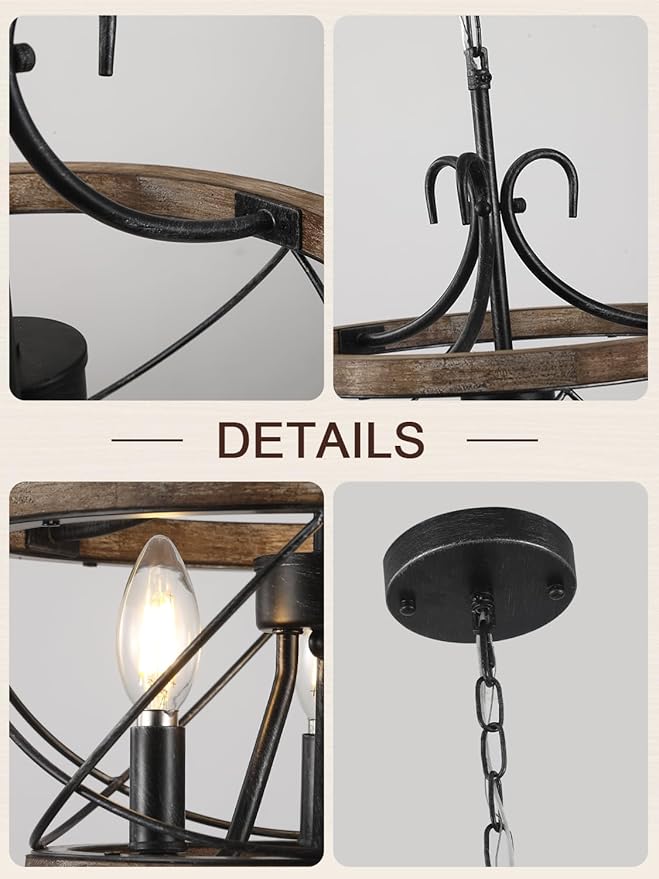 12 Inch Farmhouse Chandelier Light Fixture, 3-Light French Country Rustic Chandeliers Drum Hanging Pendant Lighting Over Table for Kitchen, Island, Dining, Room, Entryway, Foyer