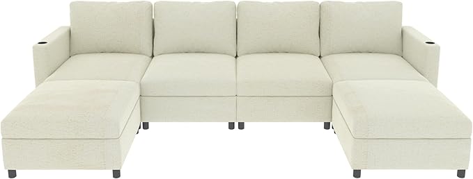 Ball & Cast 123" Large Sleeper Sectional Sofa Bed with Full Storage Seats,Corner Spacious Cloud Sofa W/Ottoman,Flexible Combination,Oversize 6 Piece Cozy Modular Chaise for LivingRoom,White Chenille