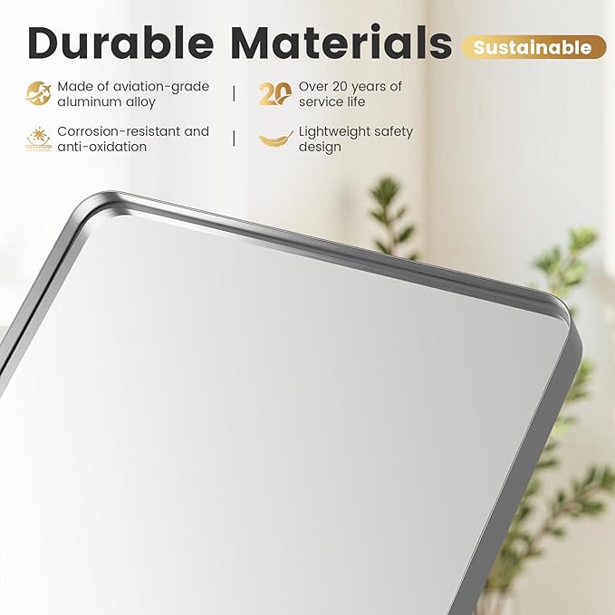 30" x 45" Large Brushed Nickel Bathroom Mirror for Wall, Large Mirrors for Spacious Rooms,Brushed Silver Metal Framed Mirror, Rounded Rectangle Silver Bathroom Mirrors, Tempered Glass