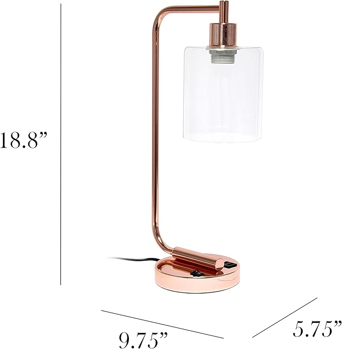 Simple Designs LD1066-RGD-LB Industrial Vintage Bronson Iron Lantern Desk Table Lamp with USB Port and Glass Cylinder Shade for Office, Living Room, Bedroom, Rose Gold, with Feit LED Bulb Included