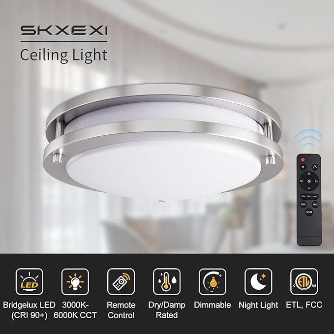 Flush Mount Ceiling Light with Remote: 10 Inch Lights Fixture, 3000K-4500K-6000K Adjustable 3 Color Temperature, Dimmable Lighting Fixtures for Kitchen Bedroom Hardwired Installation (Silver)
