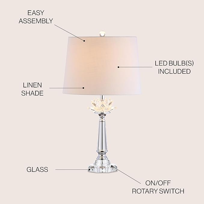 JONATHAN Y 24.5" Clear Crystal LED Table Lamp, Hollywood Regency Modern Glam Candlestick Lamp with White Linen Drum Shade for Living Room Bedroom, LED Bulb Included JYL2016A