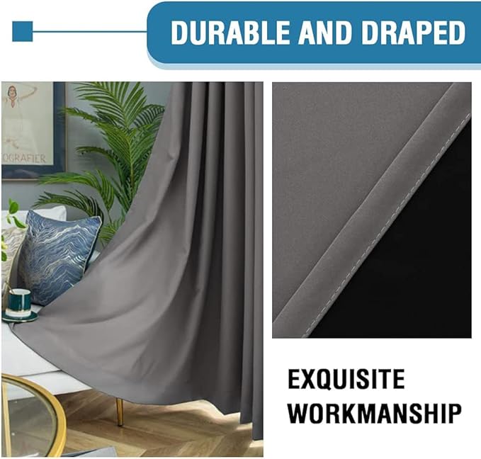 H.VERSAILTEX 100% Blackout Curtains for Bedroom Thermal Insulated Blackout Curtains 54 inch Length Full Light Blocking Curtains for Living Room with Black Liner 2 Panels Set, Grey