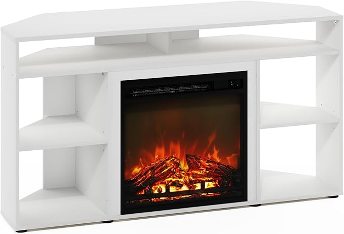 Furinno Jensen Corner Stand with Fireplace for TV up to 55 Inches, 55-Inch, Solid White