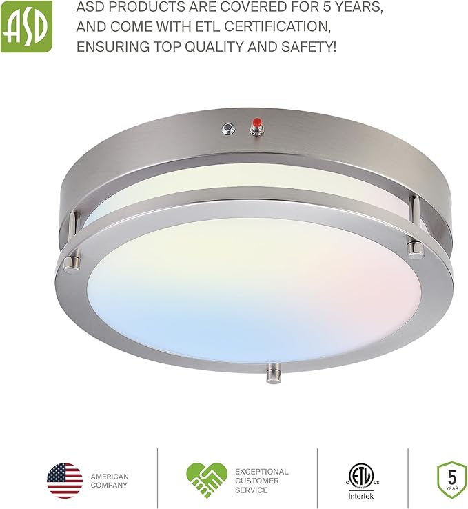 ASD LED 16" Round Flush Mount Lighting, Close to Ceiling Light Fixture | 3CCT, Dimmable, Battery Backup, ETL Listed | 24W 2116LM 3000-5000K 100-277V | Low Profile Double Ring Lamp | Nickel