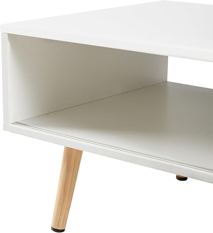 Ball & Cast 41.34“ Rattan Coffee Table with Storage, Wooden Center Table with Sliding Door and Solid Wood Legs, Morden Accent End Table Living Room Coffee Table,White