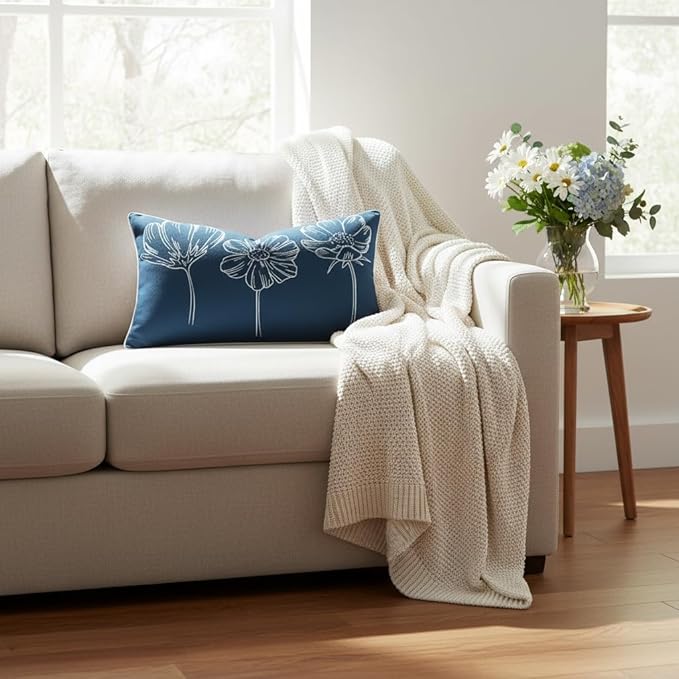 Sunkifover Decorative Floral Lumbar Pillow Cover 12x20 Inch Blue and White Cotton Embroidery Flower Throw Pillowcase Cushion Cover for Bed Bedroom, Living Room, Sofa
