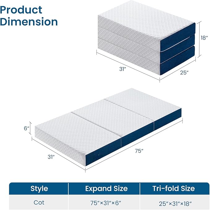 Inofia Cot Size 6 Inch Folding Mattress, Trifold Gel Memory Foam Bed, Foldable Floor Mattress with Removable Cover, Portable Floor Guest Bed for RV, Camping (75"x31"x6")