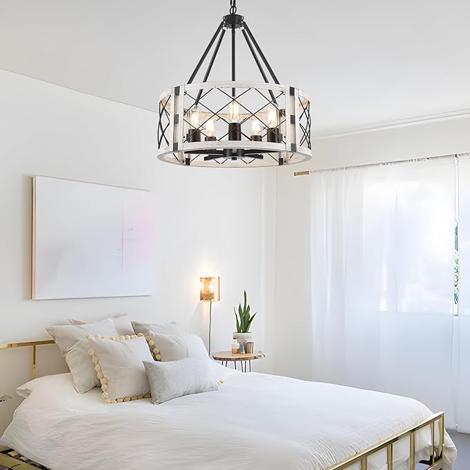 5-Light Farmhouse Chandelier 19.8" White Rustic Chandelier for Dining Room Adjustable Pendant Light Fixture for Kitchen Island Entryway Bedroom Hallway