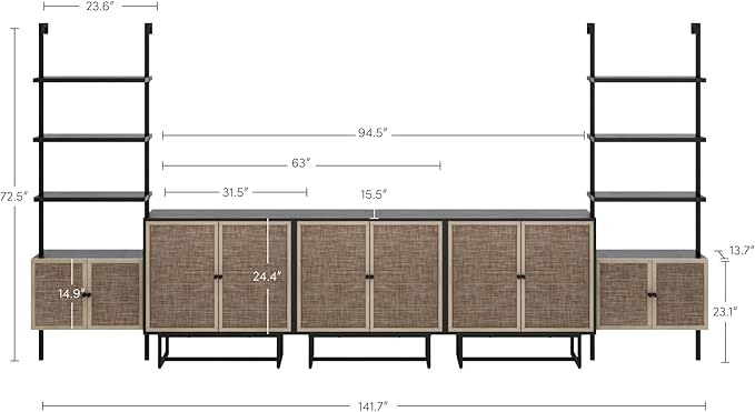 Nathan James Kova Bohemian Entertainment Center Wall Unit with Bookshelves, Bookcase TV Stand with Rattan Door Fronts, Entertainment Wall Unit with Storage, Black Oak/Cane