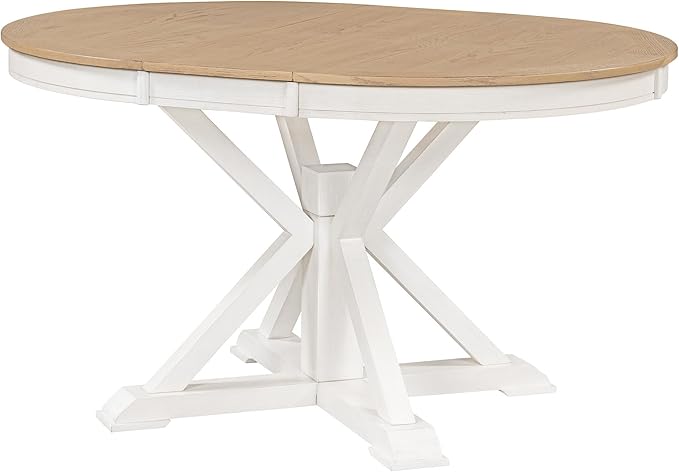 Ball & Cast Farmhouse Extendable Dining Table for 4-6, 42"-54" Extendable Kitchen-Table with a 12" Leaf, Round Ellipse Retro Wood Dining Room-Table w/Removable Leaves,Space Saving, Oak+Off White