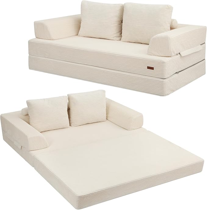 COMAX Futon Sofa Bed, Convertible Folding Sofa Bed, Boneless Couch Loveseat Corduroy with Pillows, Small Foldable Floor Couch Comfy Lounge Sleeper for Living Room Bedroom, Beige