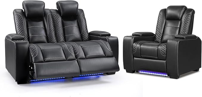 ANJ Reclining Loveseat and Power Recliner Chair with LED Lights USB Cup Holders, Faux Leather Living Room Furniture for Home Theater, Small Spaces & RV (Black)