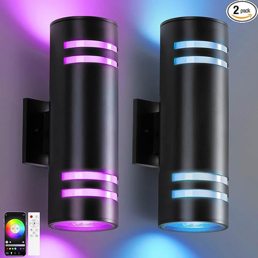 KIZON Smart Porch Lights 2 Pack, Modern Dusk to Dawn Outdoor Wall Lights Color Changing, Dimmable RGB Exterior Sconce Up and Down Light, Outside Lights for House Garage, Works with Alexa