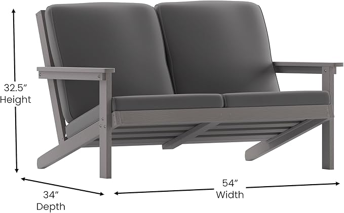 Flash Furniture Charlestown Adirondack Style Deep Seat Patio Loveseat with Cushions - Gray Poly Resin Frame - Gray All-Weather Cushions - Indoor/Outdoor
