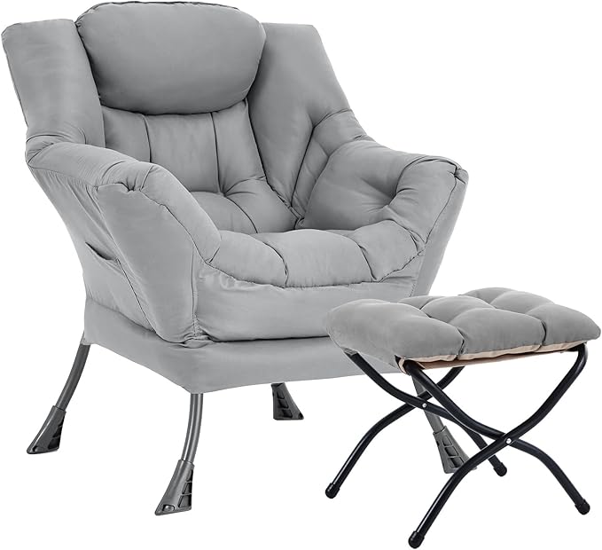 Lazy Chair with Ottoman, Large Light Grey Accent Chair with Ottoman, Comfy Reading Armchair, Leisure Sofa Chair for Living Room, Bedroom, Dorm Room, Office