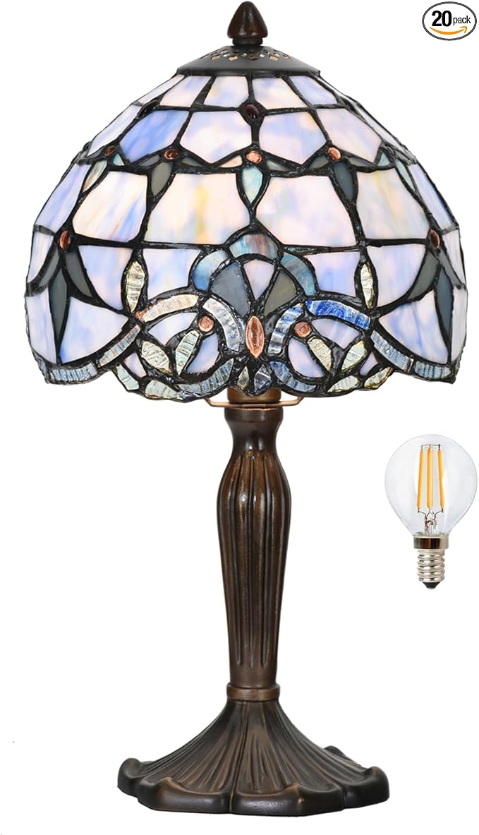 TL0006 Small Tiffany Lamp Baroque Design Handcrafted Stained Glass Table Lamp for Small Space Bedroom Bedside Nightstand Home Office, 8" W x 14.25" H, LED Bulb Included (Blue Baroque)
