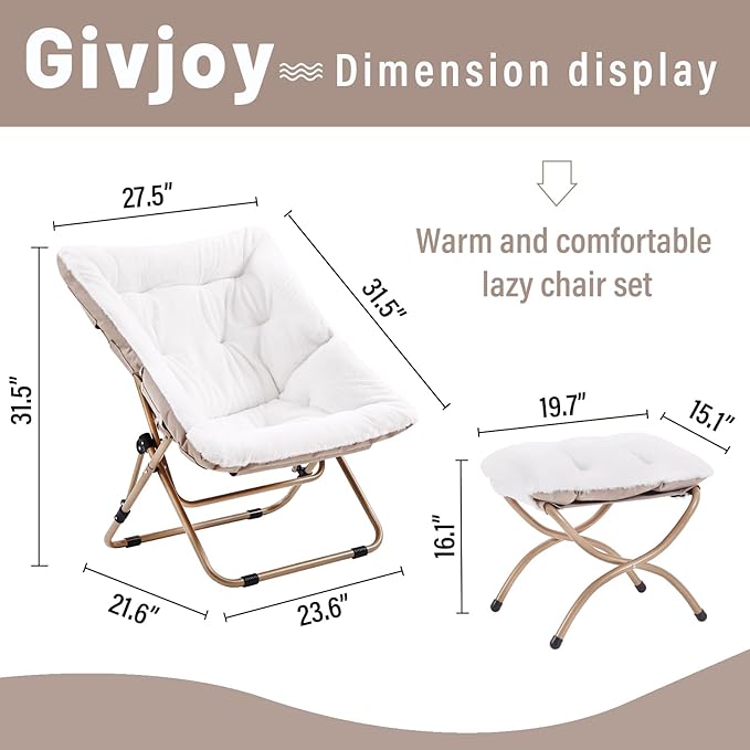 Comfy Folded Chair with Ottoman, Oversized Folding Faux Fur Chair Soft Furry Lazy Chair with Metal Frame Moon Chair Accent Chair for Bedroom, Living Room, Dorm Rooms