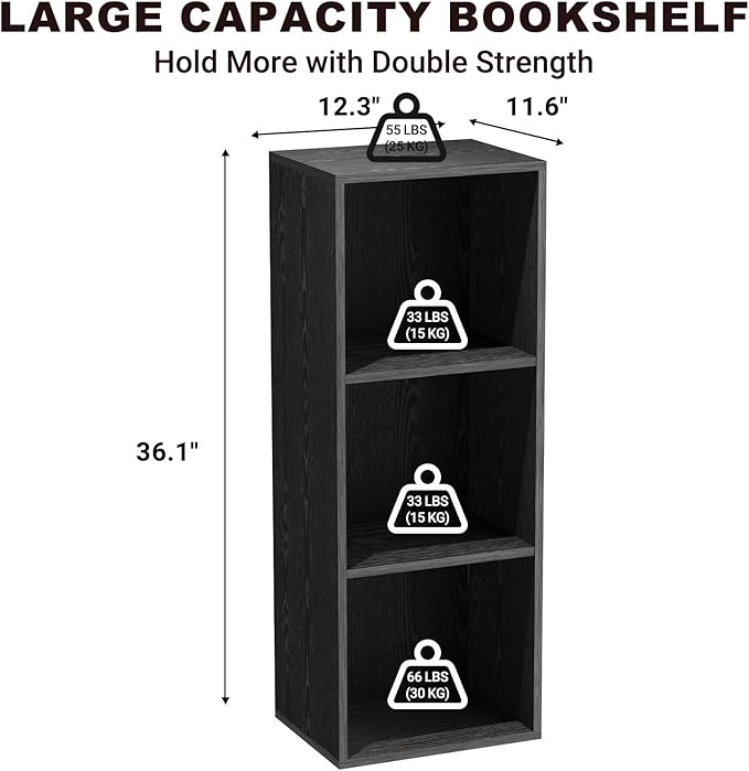 3 Tier Bookshelf, Narrow Bookcase for Small Spaces, Wooden Book Case Bookshelves Storage Organizer for Bedroom Living Room Home Office (Black, 3 Cube)