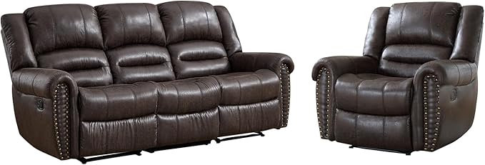EBELLO Manual Recliner Sofa Set, Faux Leather Fabric Reclining Living Room Set, Included Single Recliner Chair and 3 Seat Manual Sofa,Vintage Rivet Mid-Century Design for Living Room, Dark Brown
